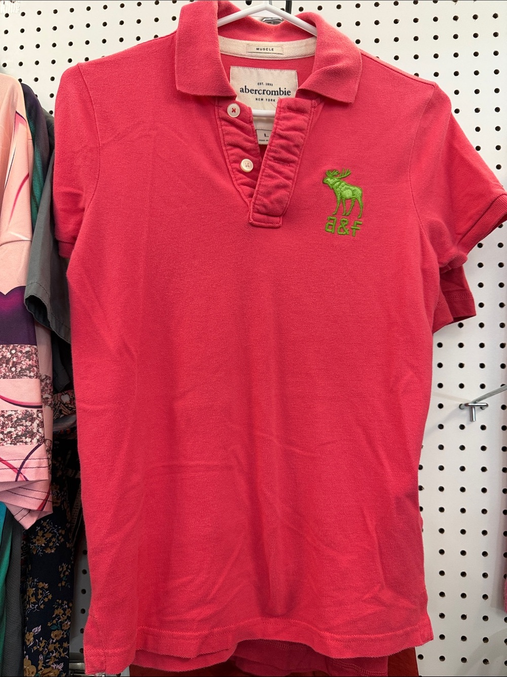 Abercrombie & Fitch Coral Polo with Green Moose Patch